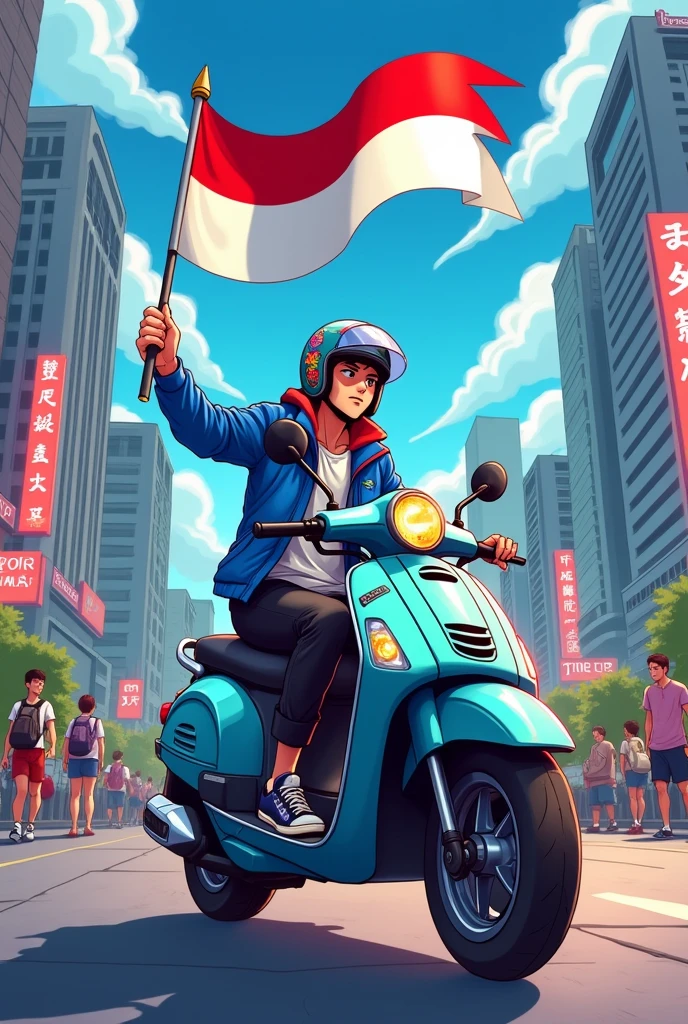 Anime man riding a stand scooter in the city with a helmet on and hold indonesian flag