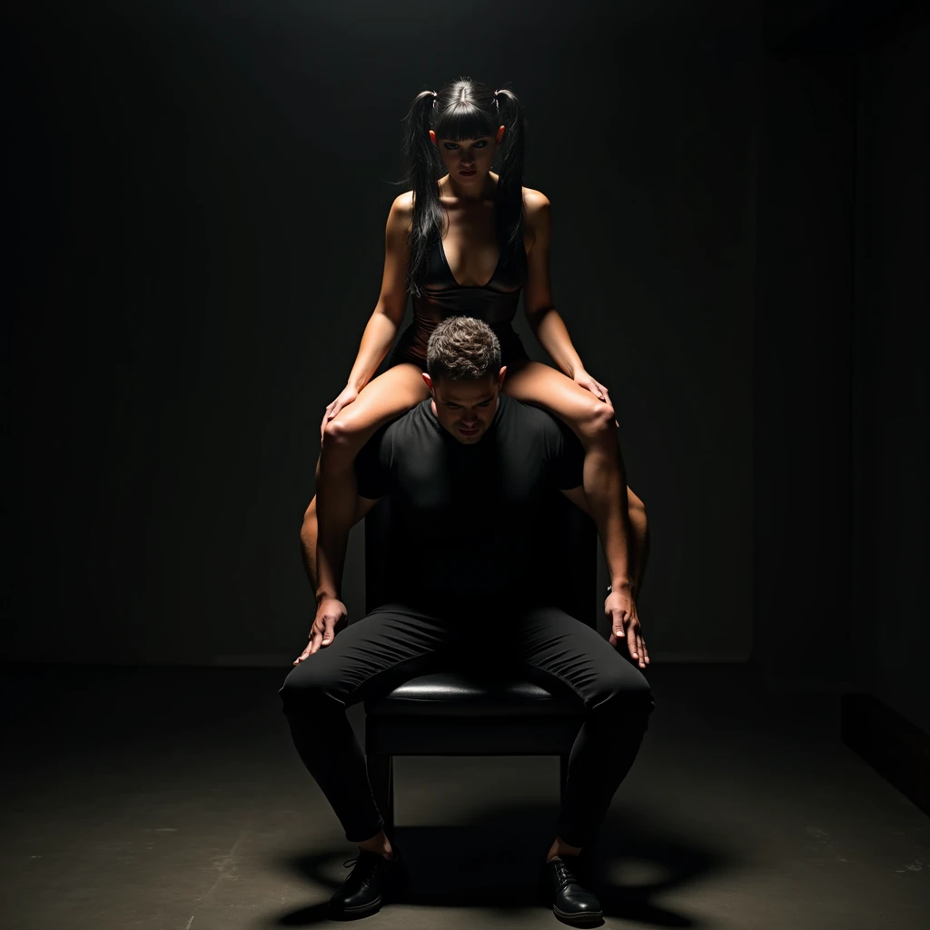 A woman with long jet black hair, which is formed into two pigtails. She is face up on top of a handsome, muscular man, who is sitting on a chair, in a dark, empty room, está amarrado en una silla. She is wearing a very skimpy leather skirt and top. and he is wearing a black t-shirt and pants.
