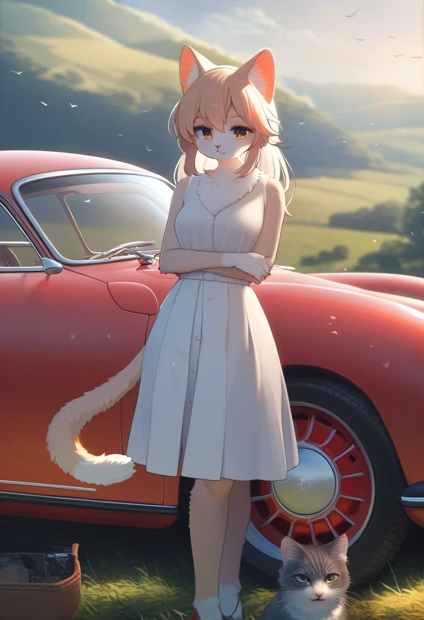 ((Masterpiece)), ((Best Quality)), (Very Detailed), ((Very Detailed)), 4K, (8K), very aesthetic, absurdres highres, 1 woman, (anthropomorphic cat, furry, kemono:1.5), A beautiful female model stands in front of a metallic red Porsche 356 in soft morning light with a rural landscape in the background. Her hair blows in the wind, creating a nostalgic atmosphere. The car's classic wheels and open top are detailed, and the background scenery is simple and beautiful.
