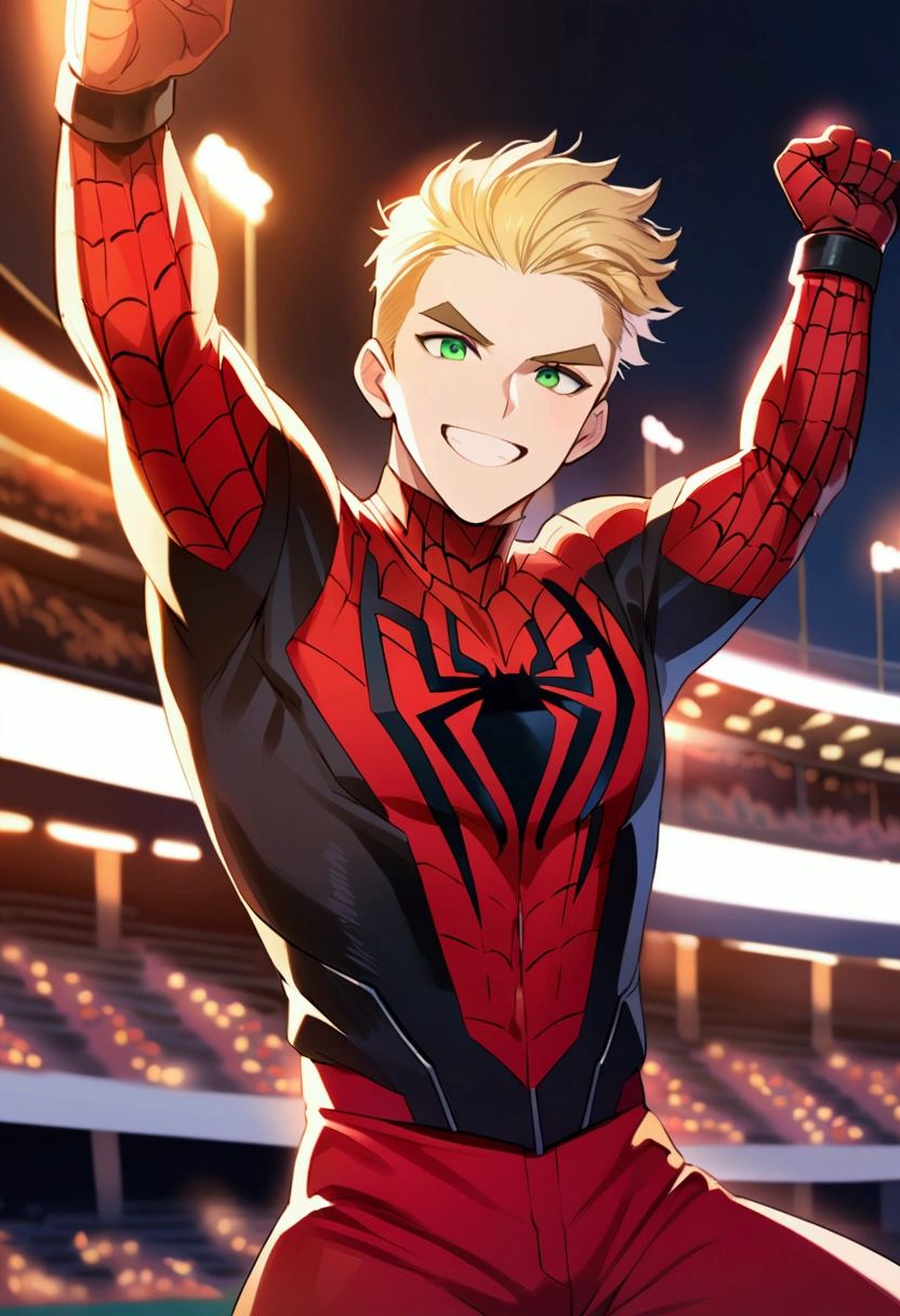 2d illustration of a Young man with shaved blond hair with Prominent eyebrows a, Green eyes, Sincere smile and white complexion. With athletic body dressed in the Spiderman suite Celebrating at a baseball stadium