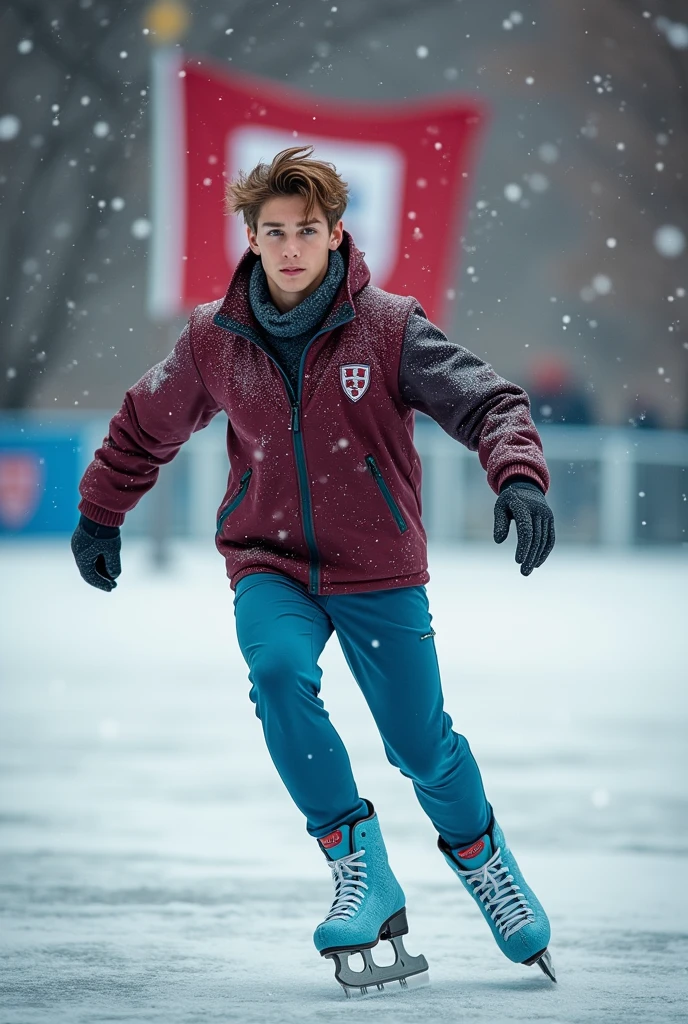 Draw a young adult skater, American man,with ice blue ice skates,skateboarding clothes,the skating rink with the Harvard flag,who is also a doctor, got a scholarship to study at Harvard because of his skating talent, brown hair and blue eyes, Caucasian skin and winter clothes