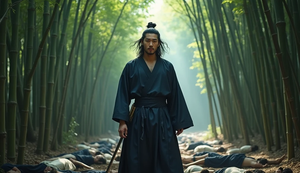 A lone assassin, a man with long, messy hair. wearing a dark blue traditional Korean clothing, carrying a long sword, There are 100 male corpses scattered randomly, covered in blood.. realistic. set against the backdrop of a bamboo forest