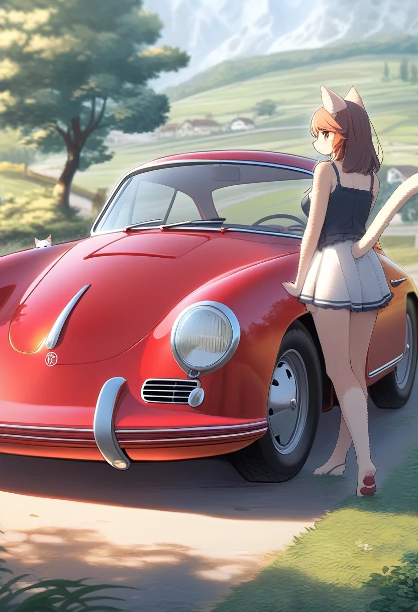 ((Masterpiece)), ((Best Quality)), (Very Detailed), ((Very Detailed)), 4K, (8K), very aesthetic, absurdres highres, 1 woman, (anthropomorphic cat, furry, kemono:1.5), A beautiful female model stands in front of a metallic red Porsche 356 in soft morning light with a rural landscape in the background. Her hair blows in the wind, creating a nostalgic atmosphere. The car's classic wheels and open top are detailed, and the background scenery is simple and beautiful.