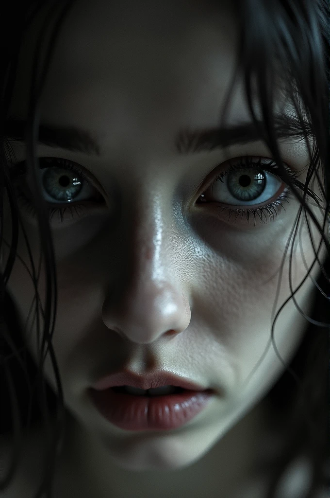 I am her, I am naked, my eyes reveal the despair and confusion of my soul. A schizophrenic state where everything is in motion, only my memories, hidden in the walls, and the photos of my family remain with me, forgotten in my old room. , Save your memories and take care of them , the style of the image is very real ,Gothic high contrast unique piece masterpiece detailed environment of loneliness and dark anger of oblivion light of oblivion and old memories gothic high contrast state of mind of terror