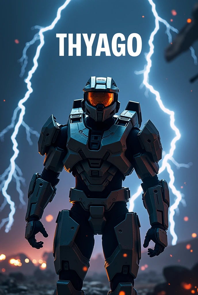 Halo main character with a background of lightning with the name Thyago written in the background_Gamer_6009 with a flattened, horizontal image for a YouTube banner 
