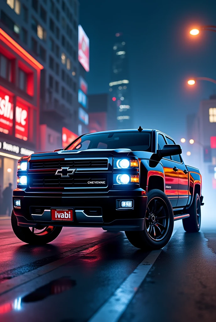 Animated cool image of a 2014 Chevy Silverado all black truck with only a chrome grill, medium size, side profile with the words Cheyenne on the door, full truck image, 4 door made for racing streets, with the name Ivabi on the license plate with white lights  