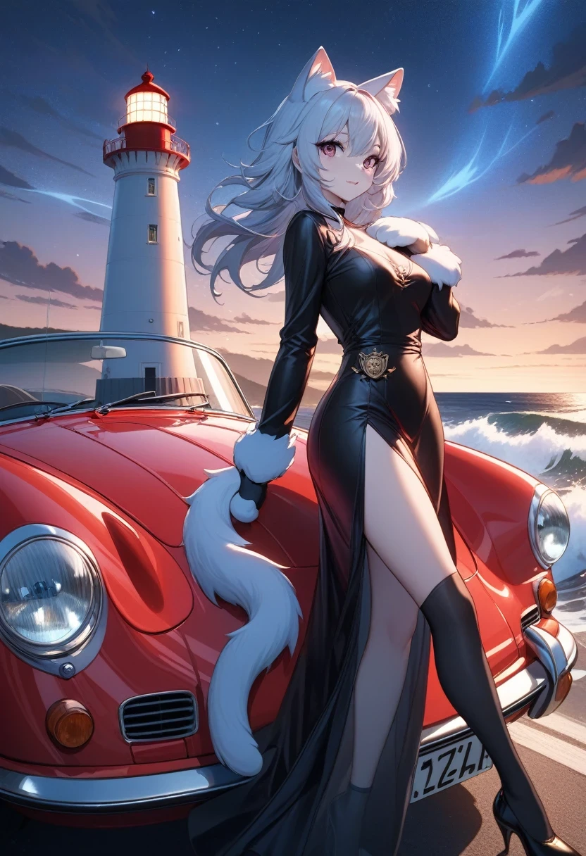 ((Masterpiece)), ((Best Quality)), (Very Detailed), ((Very Detailed)), 4K, (8K), very aesthetic, absurdres highres, 1 woman, (anthropomorphic cat, furry, kemono:1.5), A beautiful female model leans against a metallic red Porsche 356 on a road along the coast against a cool night view. Her fashion exudes a free spirit, and her car’s chrome bumper and open top shine. The shot is shot from a low angle, emphasizing the car and the woman. Waves crash against the shore, a lighthouse is visible in the distance, and stars twinkle in the night sky. The moonlight reflects off the sea, adding a magical touch. The woman’s dress flows in the wind, and she wears elegant accessories. The car’s leather seats and wood steering wheel are visible, and the emblem and license plate are detailed.