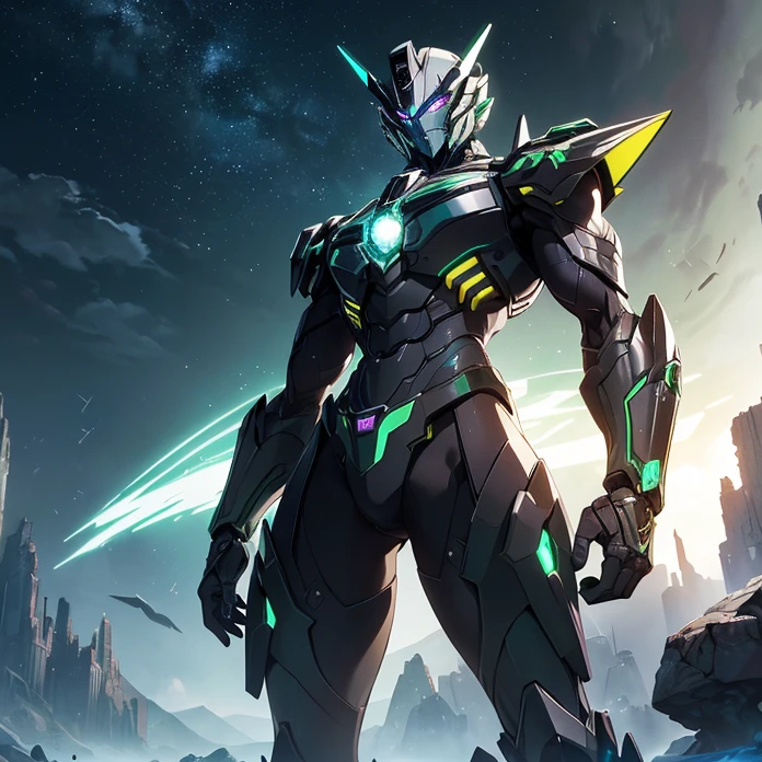 Absurdres, masterpiece, HD, high resolution, science-fantasy, alien, character alone, ordered context, best quality, epic story dramatic and conspiracy, best features and characteristics
{{1male character: transformer Decepticon-Shockwave:(biomechanical characteristics, purple skin, blue eye, squared head, yellow diamond crest on his forehead, has no mouth, silver wings at left and right of the head, long green arms, white six-fingered clawed hands, slender torso, green cuirass, green and black pants, silver diamond squared belt)(confident pose, powerful pressence, imponent arrogant demeanor, open left hand, left arm rised, right hand clenched, showing elegant greatness of himself),(green planet, green rocky landscape, darker black sky, yellow light stars in the darker black sky, several blue-diamond-skyscrappers at the green rocky surface)}}