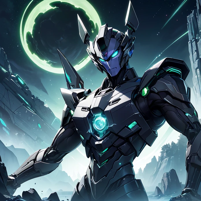 Absurdres, masterpiece, HD, high resolution, science-fantasy, alien, character alone, ordered context, best quality, epic story dramatic and conspiracy, best features and characteristics
{{1male character: transformer Decepticon-Shockwave:(biomechanical characteristics, purple skin, blue eye, squared head, yellow diamond crest on his forehead, has no mouth, silver wings at left and right of the head, long green arms, white six-fingered clawed hands, slender torso, green cuirass, green and black pants, silver diamond squared belt)(confident pose, powerful pressence, imponent arrogant demeanor, open left hand, left arm rised, right hand clenched, showing elegant greatness of himself),(green planet, green rocky landscape, darker black sky, yellow light stars in the darker black sky, several blue-diamond-skyscrappers at the green rocky surface)}}
