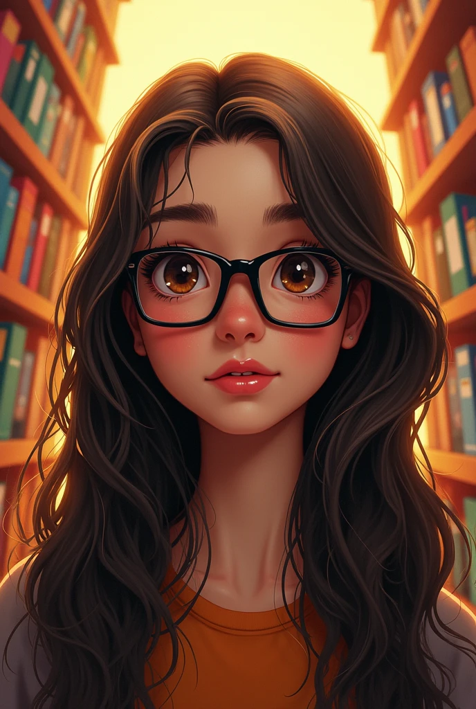 Create a book cover with a teenage girl with long dark brown hair, wearing square black glasses, with dark brown eyes shining and pimples on his face