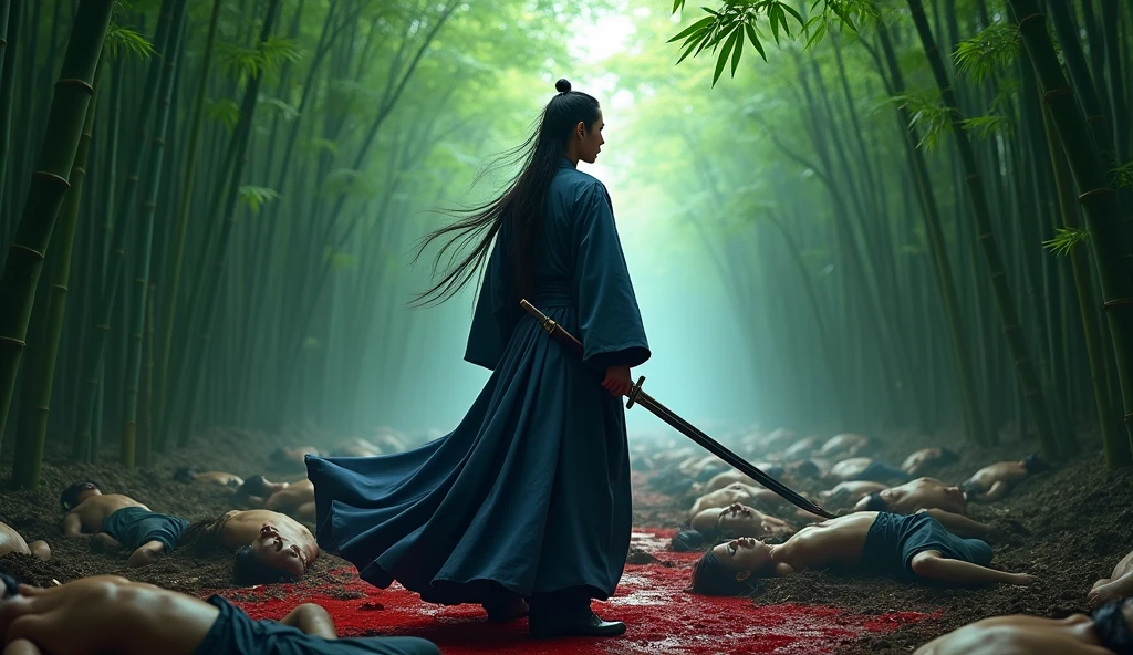 A lone assassin, a man with long, messy hair. wearing a dark blue traditional Korean clothing, carrying a long sword, There are 100 male corpses scattered randomly, covered in blood.. realistic. set against the backdrop of a bamboo forest