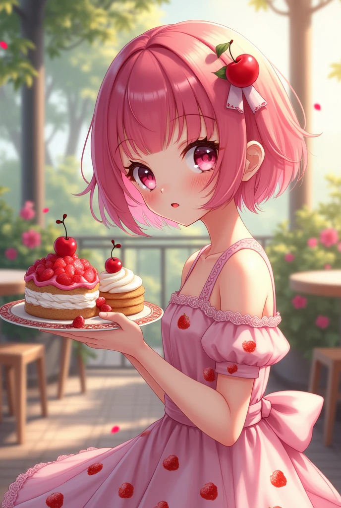 (A girl with short pink hair and a cherry accessory on her head,dark pink eyes ,soft pink lips ,She wears a soft pastel pink dress with strawberry prints. , She has a bit large breasts but not exaggerated and in her hand she carries a tray of cake