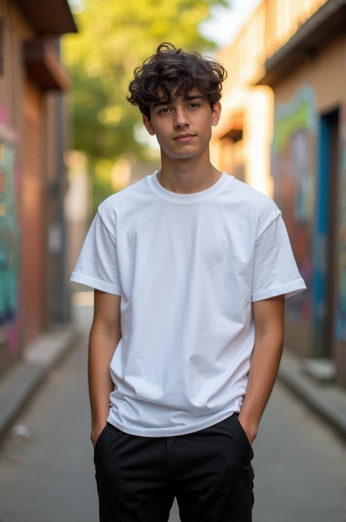 Male Teen in white t-shirt tucked in black pants 