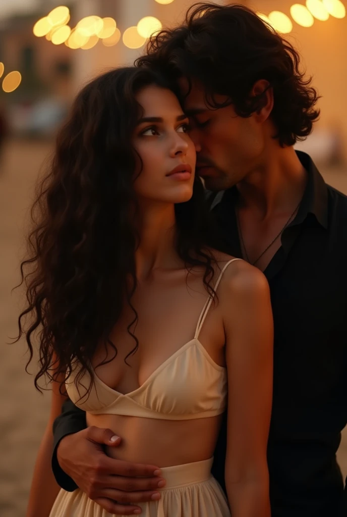 A white young woman with long hair down to her hips, curly and black, very delicate. Behind her is a man whose appearance resembles the singer Renato Russo, he seems to be in love with her. He is holding the young woman's hip. The atmosphere in the image is sensual.