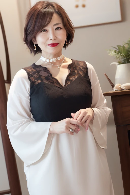 Beautiful and mature 55 year old Japanese woman, Married women, Aunt, Fine Lines, Long eyelashes, Glowing Eyes, Short Bob Haircut, (choker), (Deep Red Lipstick), elegant, Slim figure, Rosy Cheeks, Pearl Necklace, Earrings, Cute Smile, Beautiful body lines, Cleavage, Full Body Focus, desert, Browsing Caution