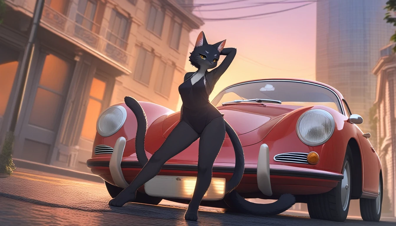 ((Masterpiece)), ((Best Quality)), (Very Detailed), ((Very Detailed)), 4K, (8K), very aesthetic, absurdres highres, 1 woman, (anthropomorphic cat, furry, kemono:1.5), A beautiful female model stands next to a metallic red Porsche 356 on a city street corner at sunset. She strikes a graceful pose and is photographed from a low angle. The car's bumper and classic wheels shine, buildings in the background is depicted in detail.