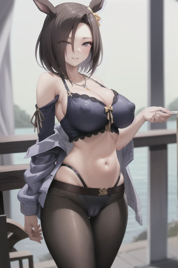 masterpiece, Highest quality,
Air Groove \(umamusume\),
Blue jacket, Black Shirt, Brown pants, necklace, Tea belt,
Cowboy Shot,(masterpiece), Highest quality, Very detailed, (Ramp-up, Slender and sexy body, large and clean breasts, Half-closed eyes), Attractive face, Wicked Smile, Lips parted, alone, Cleavage, belly button, Are standing, Seduce your sexy waist 、Sexy Lingerie、Exposed thighs、Camel Toe、Shoulder out belly buttonまんこ Looking down composition Big nipples