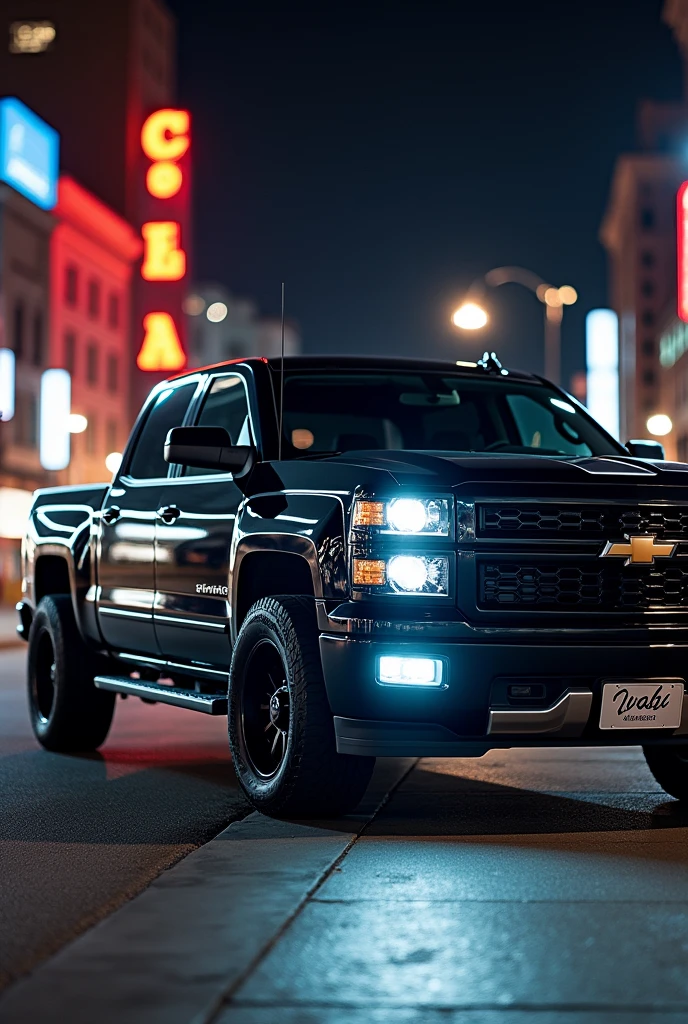 Animated cool image of a 2014 Chevy Silverado all black truck with only a chrome grill, medium size, side profile with the words Cheyenne on the door, full truck image, 4 door made for racing streets, with the name Ivabi on the license plate with white lights  