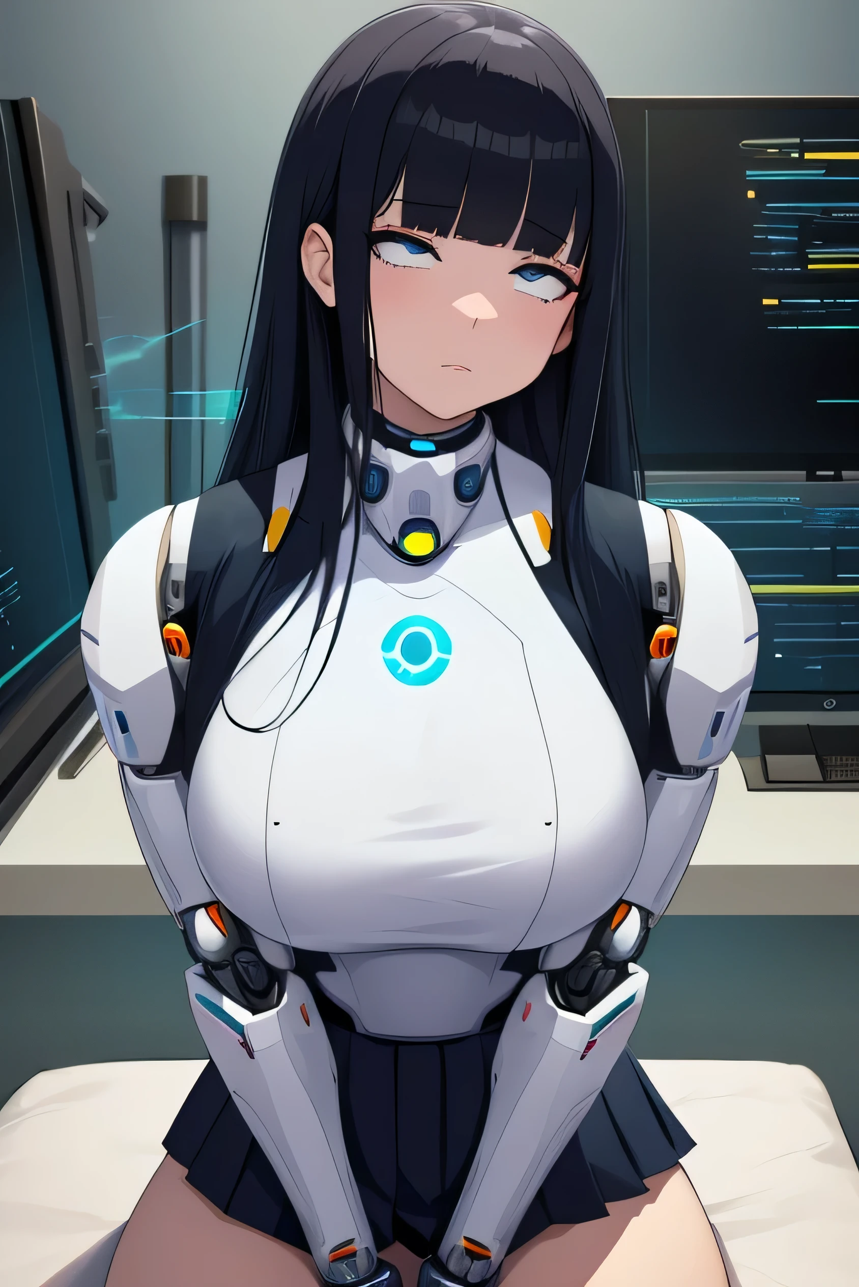 masterpiece, best quality, extremely detailed, Japaese Cyborg Girl,Plump ,navy pleated miniskirt,black tights,control panels,android,Droid,Mechanical Hand, ,clothes with a sense of mechanical technology, Robot arms and legs, Black Robot Parts,Black hair,Mechanical body,Blunt bangs,White abdomen,White robotics parts,tube dress,perfect robot woman,future laboratory,cyber pank,charging spot,android factory,robot factory,cyborg factory,long tube,thick cable connecting her neck,ceramic body ,blue eyes,smechanical body, android,robot humanoid,rolling eyes
