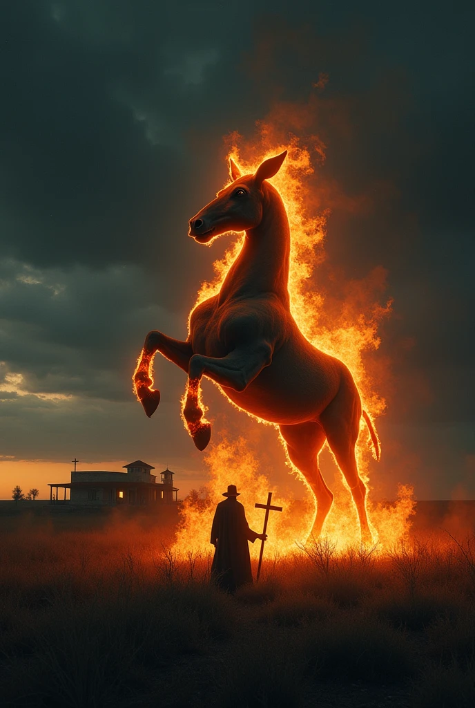 In the middle of the field, under the dark, starless sky, The headless mule, wrapped in orange flames, emerges from the darkness. The creature, imposing and terrifying, has no head, but it is in a menacing pose, with hooves raised and flames coming from its body. Ao fundo, the old ranch is partially visible, wrapped in darkness, while Father Emanoel, small in comparison, raises the crucifix against the creature.