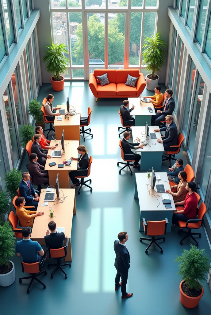Develop a 3D plan of the layout of a company, Choose the name of your company and it must contain at least 5 departments.