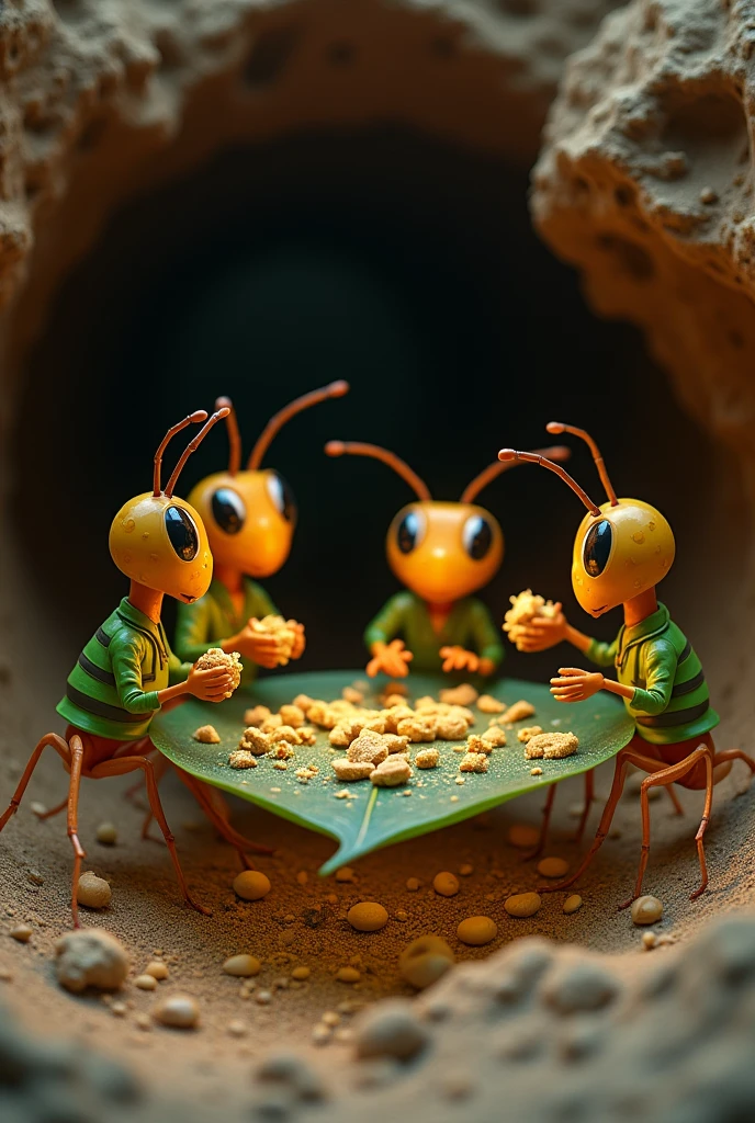 Team of worker ants in green uniforms having lunch