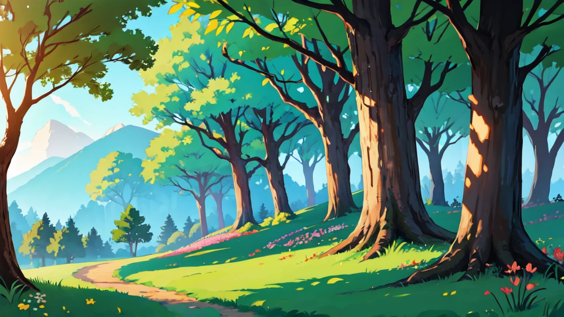 ((brilhante)), Cartoon beautiful fantasy fairy floresta dentro with trails and trees on a sunny day, plantas florestais, lindos cogumelos de fada, lindas flores selvagens, detalhado, detalhado background artwork masterpiece, Mobile fundo do jogo, fundo do jogo, Fundo de arte do jogo 2D, fundo da floresta, scenery art detalhado, arte de paisagem, arte de jogos para celular, 2d fundo do jogo, arte de fundo de anime, paisagem de clareira na floresta, Paisagem rural de anime, floresta dentro, elf fundo da floresta, cenário florestal, arte detalhada do jogo, 4K