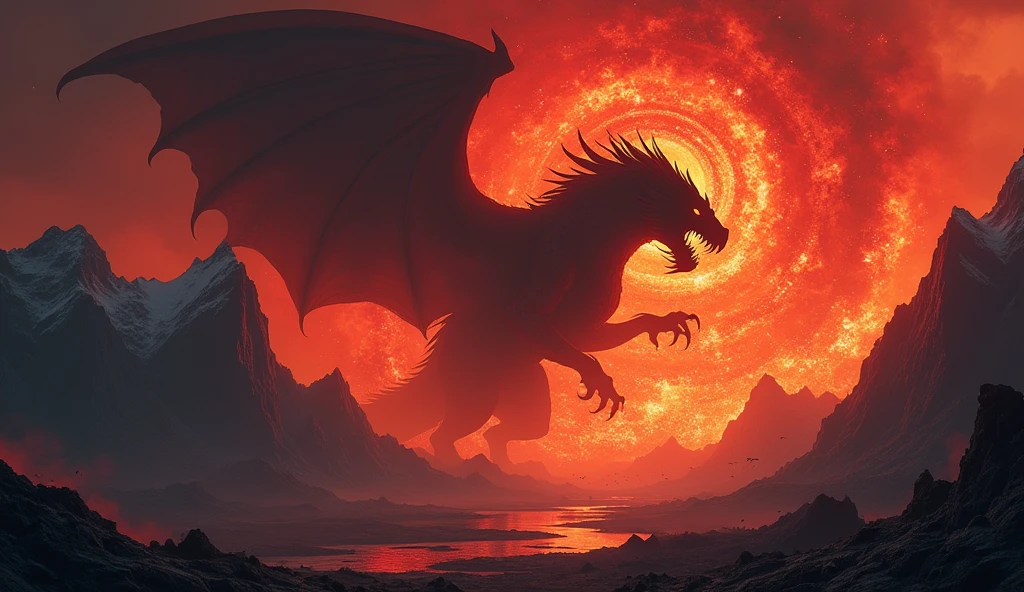 I need an song art cover that matches this genre: post-hardcore, rock, alternative rock, anthemic, energetic, aggressive, defiant, dynamic contrast, emotional, intense, melodic, soaring vocals, high energy breakdown, modern, 2020's, modernized. I don't want any people in the image. Something with a monster/force of nature. Red, black, fire and brimstone.