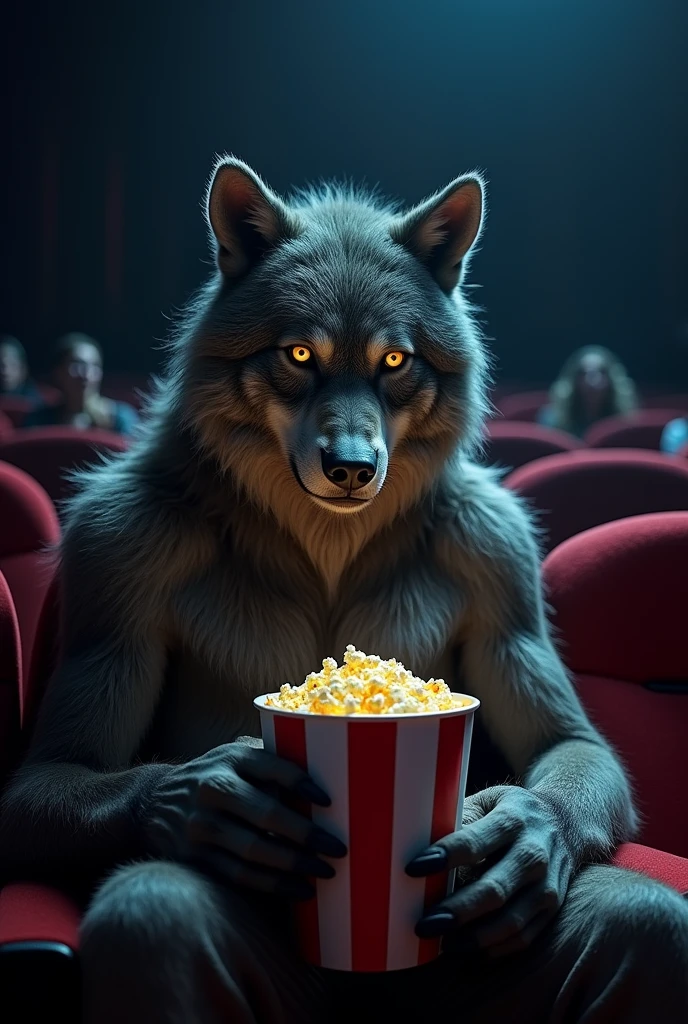 Werewolf watching Divergent 2 at the cinema while eating popcorn and crying