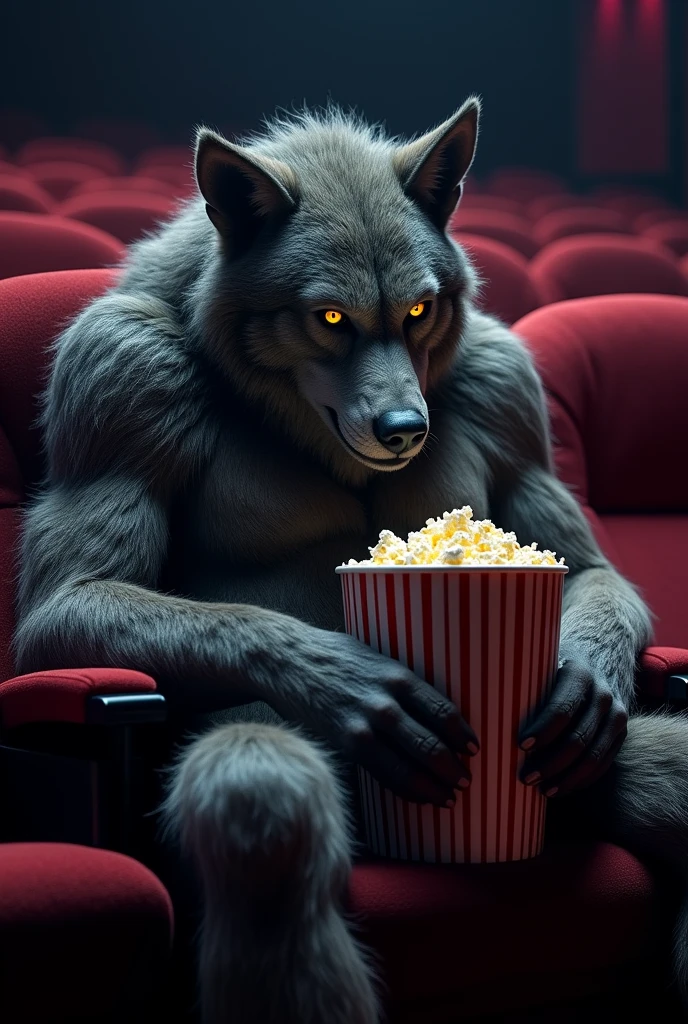 Werewolf watching Divergent 2 at the cinema while eating popcorn and crying