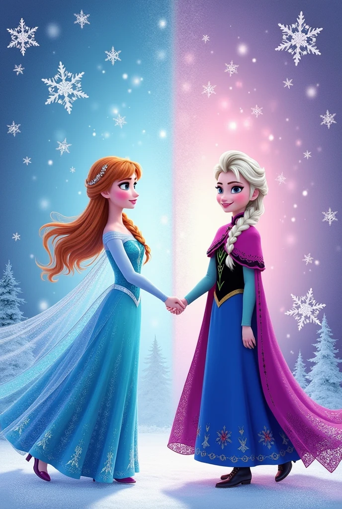 A double digital Frozen-themed birthday invitation with a small drawing of Anna and Elsa, with nothing written on it., that one half is one color and the other half is another