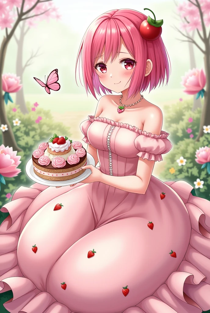 (A girl with short pink hair and a cherry accessory on her head,dark pink eyes ,soft pink lips ,She wears a soft pastel pink dress with strawberry prints. , She has large breasts and is carrying a tray of cake in her hand.
