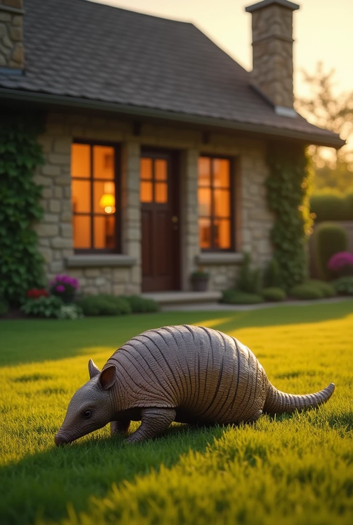 An armadillo near a basement house