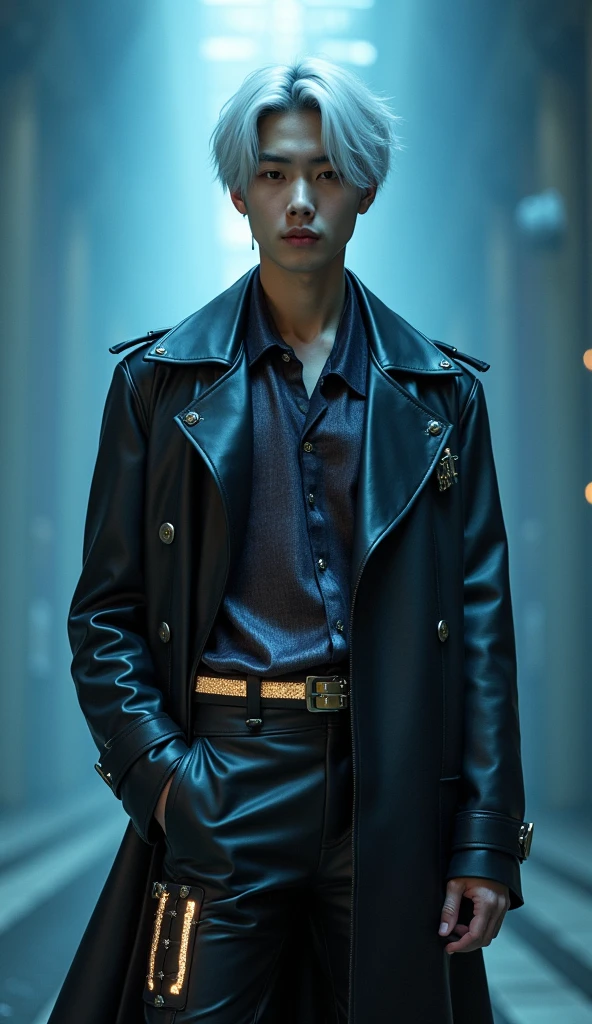 Byun Baekhyun of the kpop group EXO, with silver-white hair, cut asymmetrically and styled in a way that shines in any light. Your eyes are a light amber, almost golden, radiating a soft glow that increases as he uses his powers. He would wear a shiny black leather coat with metallic details that catch and reflect the light around him., criando um contraste marcante. down, he would wear a light fabric shirt, almost translucent, that seems to emanate an internal light. Your pants would be tight, made of black leather with reflective stripes, and he would wear high boots, also with luminous details. The image aesthetic should be similar to 80s dark fantasy films