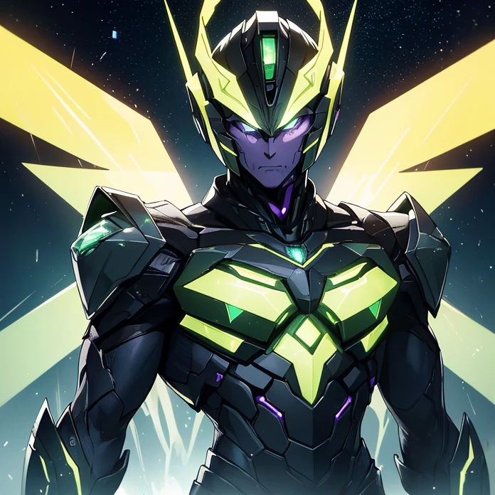 Absurdres, masterpiece, HD, high resolution, science-fantasy, alien, character alone, ordered context, best quality, epic story dramatic and conspiracy, best features and characteristics, full body, cowboy shot view
{{1male character: "transformer Decepticon-Shockwave":(biomechanical characteristics, purple skin, blue eye, squared head, yellow diamond crest on his forehead, has no mouth, silver wings at left and right of the head, long green arms, white six-fingered clawed hands, slender torso, green cuirass, green and black pants, silver diamond squared belt)(confident pose, powerful pressence, imponent arrogant demeanor, open left hand, left arm rised, right hand clenched, showing elegant greatness of himself),(green planet, green rocky landscape, darker black sky, yellow light stars in the darker black sky, several blue-diamond-skyscrappers at the green rocky surface)}}