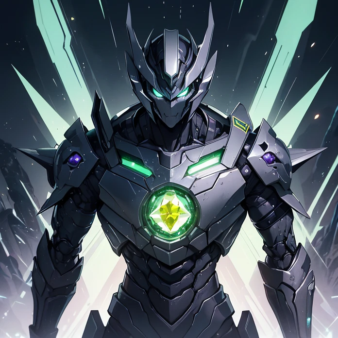 Absurdres, masterpiece, HD, high resolution, science-fantasy, alien, character alone, ordered context, best quality, epic story dramatic and conspiracy, best features and characteristics, full body, cowboy shot view
{{1male character: "transformer Decepticon-Shockwave":(biomechanical characteristics, purple skin, blue eye, squared head, yellow diamond crest on his forehead, has no mouth, silver wings at left and right of the head, long green arms, white six-fingered clawed hands, slender torso, green cuirass, green and black pants, silver diamond squared belt)(confident pose, powerful pressence, imponent arrogant demeanor, open left hand, left arm rised, right hand clenched, showing elegant greatness of himself),(green planet, green rocky landscape, darker black sky, yellow light stars in the darker black sky, several blue-diamond-skyscrappers at the green rocky surface)}}