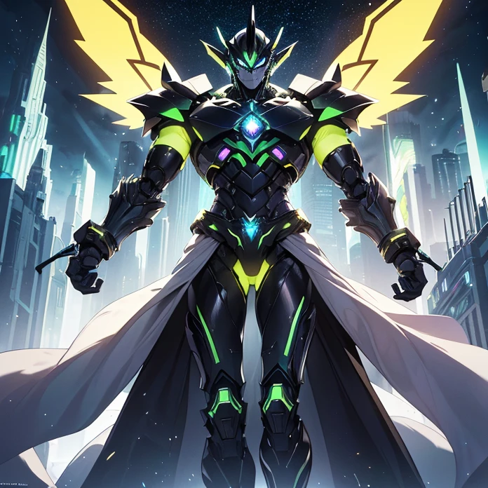 Absurdres, masterpiece, HD, high resolution, science-fantasy, alien, character alone, ordered context, best quality, epic story dramatic and conspiracy, best features and characteristics, full body, cowboy shot view
{{1male character: "transformer Decepticon-Shockwave":(biomechanical characteristics, purple skin, blue eye, squared head, yellow diamond crest on his forehead, has no mouth, silver wings at left and right of the head, long green arms, white six-fingered clawed hands, slender torso, green cuirass, green and black pants, silver diamond squared belt)(confident pose, powerful pressence, imponent arrogant demeanor, open left hand, left arm rised, right hand clenched, showing elegant greatness of himself),(green planet, green rocky landscape, darker black sky, yellow light stars in the darker black sky, several blue-diamond-skyscrappers at the green rocky surface)}}