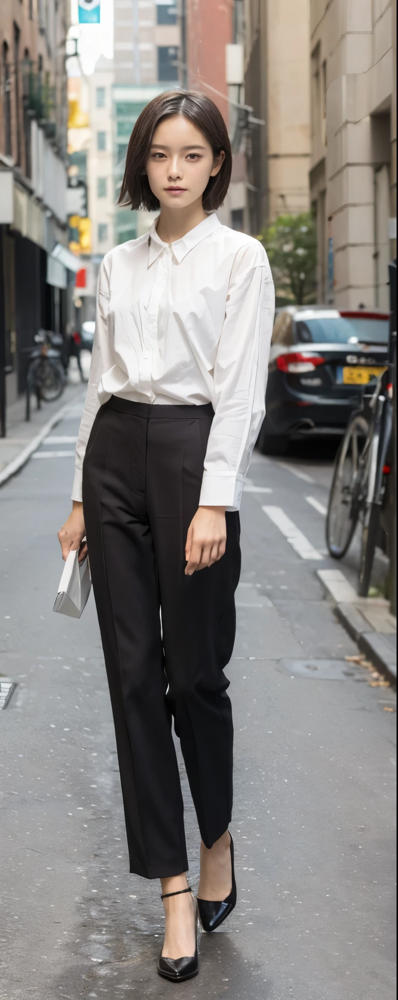 ((top-quality, 8K, masterpiece:1.3)), sharp focus:1.2, Beautiful Women in Perfect Style:1.4, Slender Abs:1.2, full body, wearing shirts wide long pants, ((weavy dark brown short hair:1.2)), (natural soft light, City Street:1.1), Highly detailed facial and skin texture, A detailed eye, double eyelid, uniform, Female, 24 years old