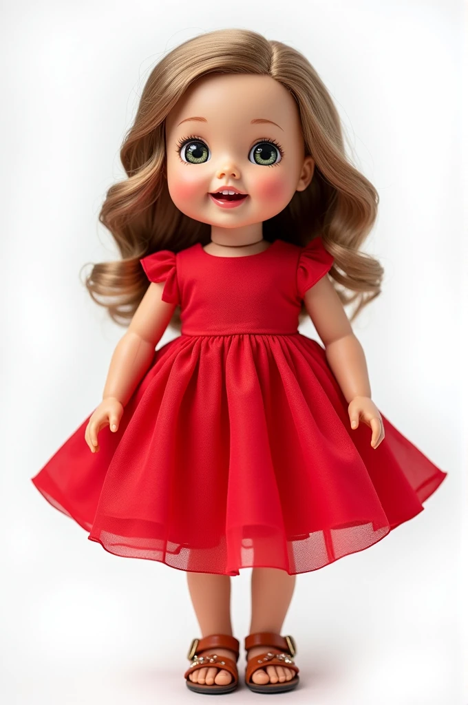 a doll with a happy face in a red dress and sandals with a white background