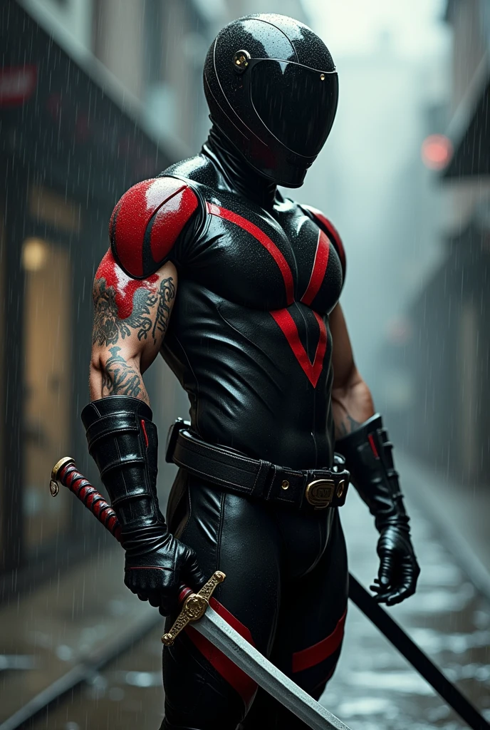 (photorealism:1.2) A superhero with a black motorcycle helmet on wearing his own unique black super hero suit with red stripes and cut off sleeves. His arms have many tattoos and he holds a katana made of ink. he is standing in a rainy background
