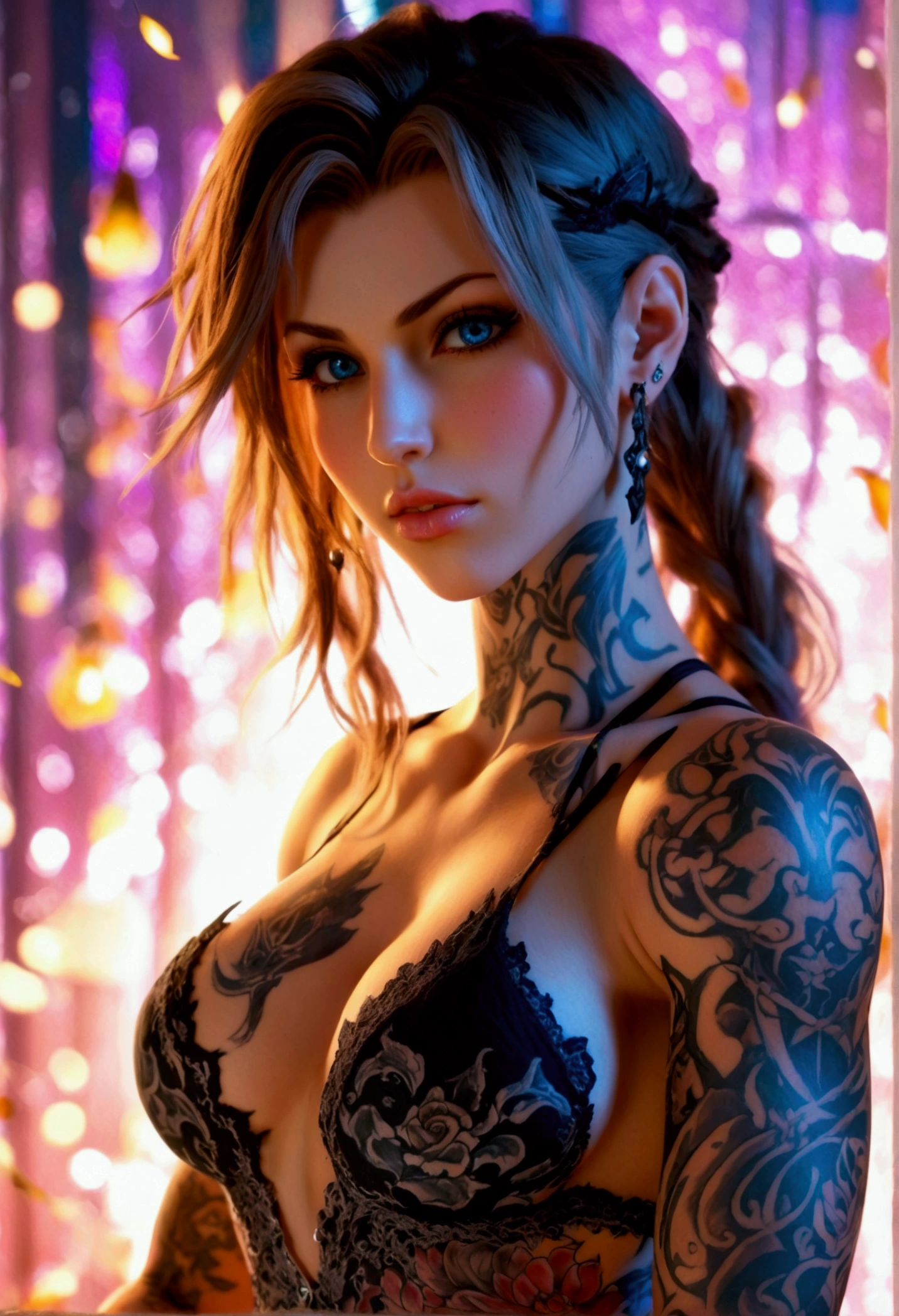 Create a hyper detailed photograph of a tattooed muscular young sexy aerith deathknight, Stunningly perfect gorgeous face, perfect makeup, detailed vibrant eyes, long hair, big beautiful muscular legs, big beautiful muscular arms, perfect body, muscular abs, detailed smooth skin, big breast, large hart shaped ass, black strappy lace sundress,