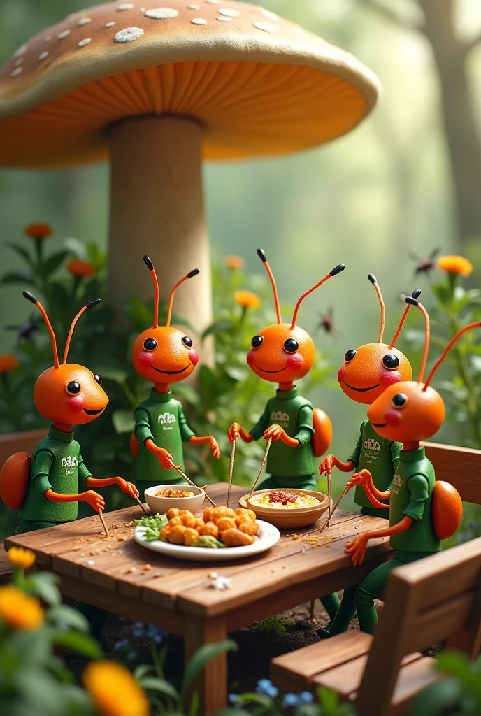 Team of worker ants wearing green uniforms having lunch at the restaurant