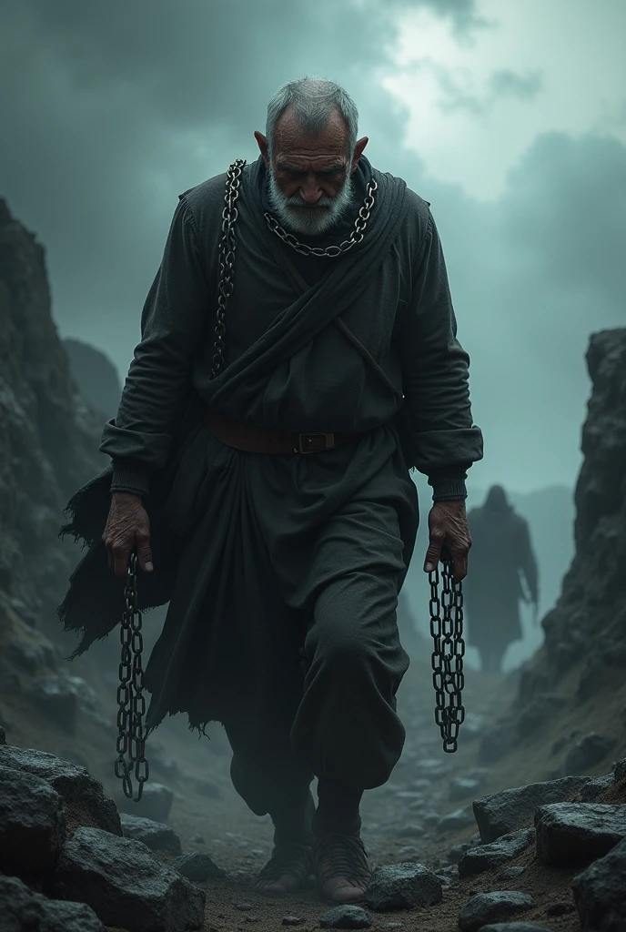 Man hunched over with chains resting on his back