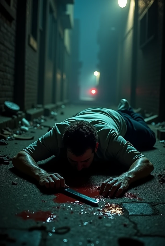 4k, ultra realistic, realistic, textured skin, crime scene, man, rated pg, body, bloody knife