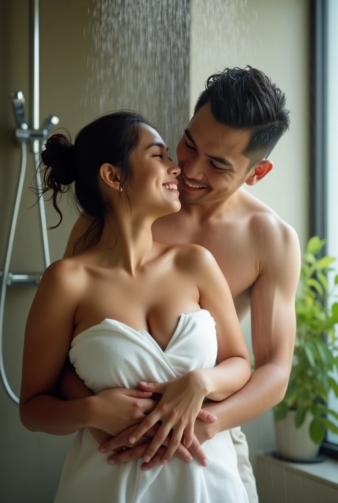 a beautiful malay woman, plump, natural big breasts, chest covered with towel, messy tied hair, hug by a handsome man from behind that grab and squeeze her breasts, in the bathroom under the shower, look at the viewer, natural light, realistic photography, wide angle shot, detailed facial features, photorealistic, high quality, 8k, masterpiece