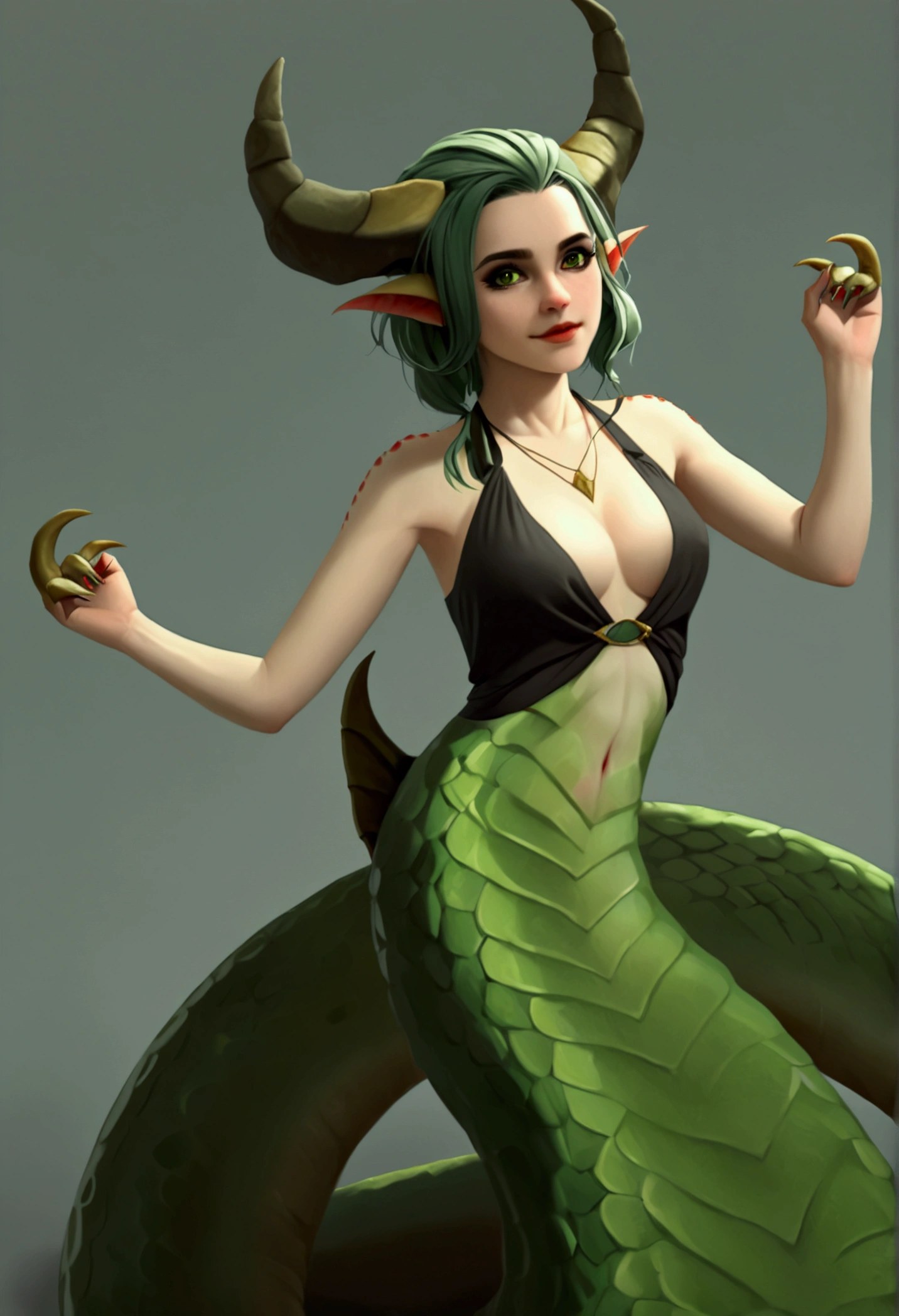 lamia, solo, Emma Watson, pointy ears, ((demon horns, marillith)), halter top, green scales, pale belly, medium skin, snake body up, tip of the snake body down, realistic, photoreal