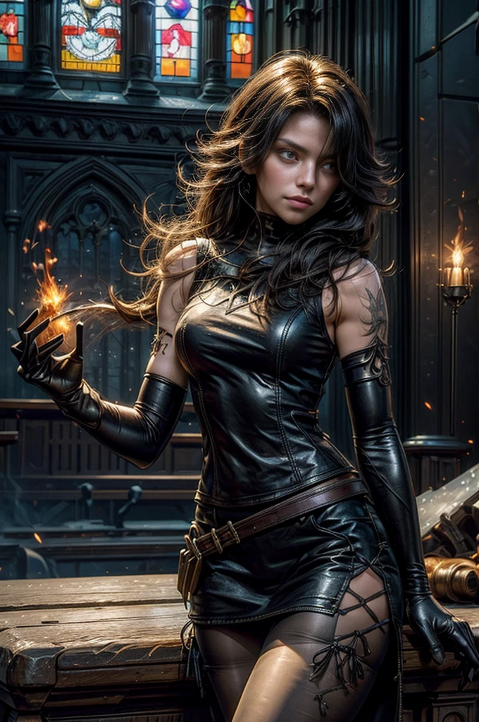 (masterpiece, best quality:1.2), cowboy shot, solo, 1girl, cinder fall, looking at viewer, long hair, t-shirt, white skirt, sleeveless jacket, elbow gloves, pantyhose, holding flames, inside gothic church, crowd, (volumetric lighting), sharp focus, hyper detailed