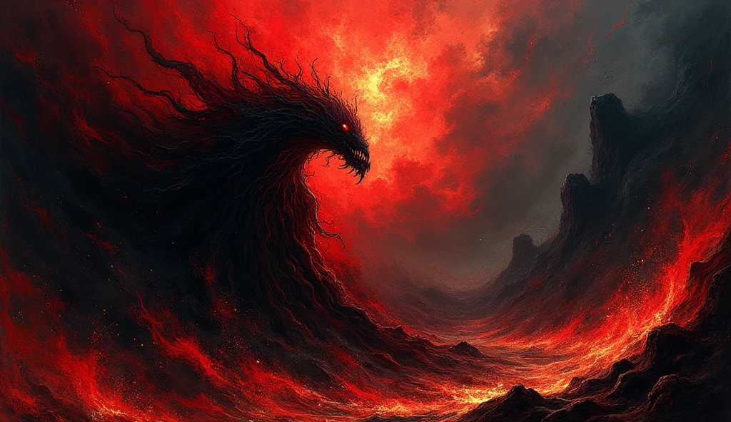 I need an song art cover that matches this genre: post-, rock, alternative rock, anthemic, energetic, aggressive, defiant, dynamic contrast, emotional, intense, melodic, soaring vocals, high energy breakdown, modern, 2020's, modernized. I don't want any people in the image. Something with an abstract monster/force of nature. Red, black, fire and brimstone.