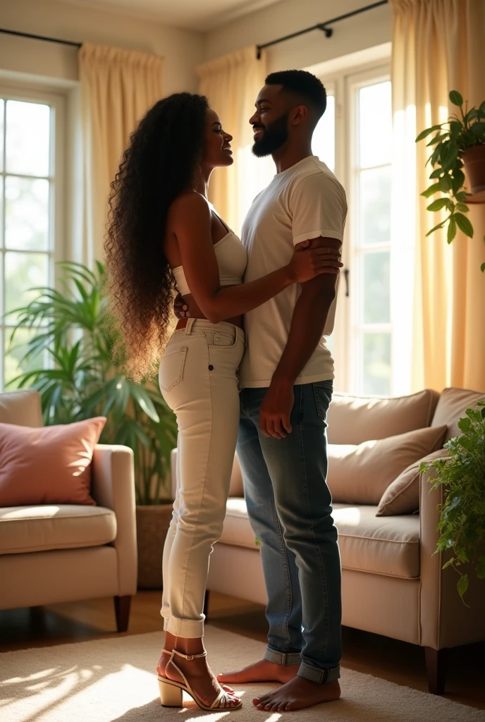 A very tall african american girl with long curly hair, crop top, and shorts and open toe wegdes stands next to her husband. The husband is way shorter than her wife in the house . She is a giant girl