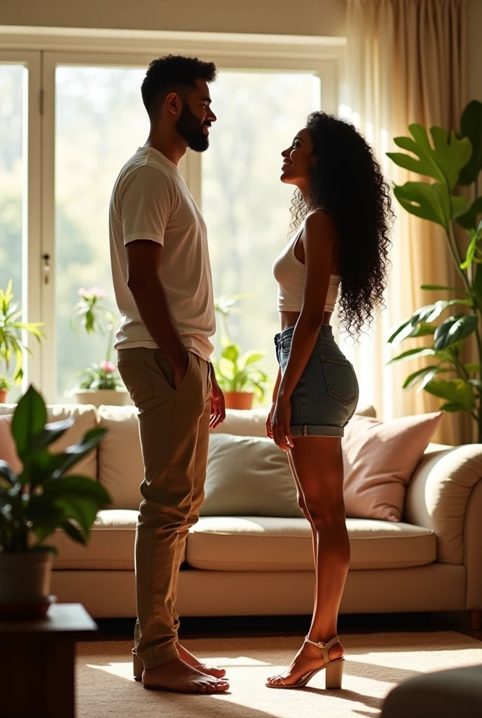 A tall African American woman with a crop top, long curly hair, and open toe wedges in her house, standing next to her husband. She is twice his size.